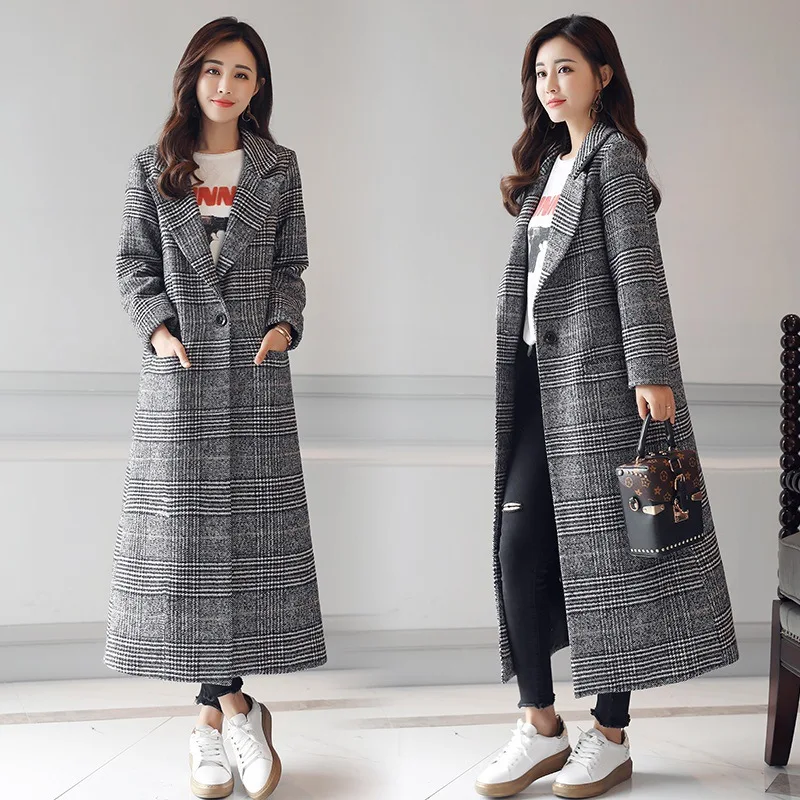 

LZJ 2019 Spring Autumn Women's Wool Plaid Coat New Fashion Long Woolen Coat Slim Type Female Winter Wool Jackets Female Outw