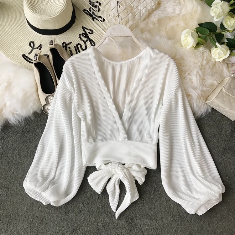  2019 summer short satin shirts women lantern sleeve short tops female lace up waist short blouses s