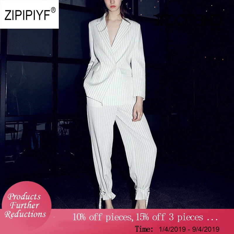 

Original New 2019 Spring Women Striped 2 Piece Sets Notched Blazer+Wrap Pencil Pant Office Outfits Fashion Work Pant Suits AB365