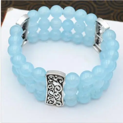 3 row Women/'s Natural 8mm Peridot jade Beads Stretch Tibetan silver Bracelet