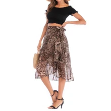 Летние женские шифоновые леопардовые юбки средней длины, элегантные плиссированные юбки с оборками, эластичные свободные юбки с высокой талией, Длинные повседневные женские тонкие юбки