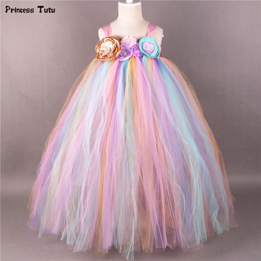 Rainbow Flower Girl Tutu Dress Princess Children Girls Tulle Party Dresses Boutique Kids Girls Pageant Wedding Ball Gown Dress