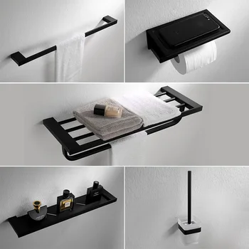 

New Stainless Steel Bathroom Hardware Pendant Set Black Matte Paper Holder Toothbrush Holder Towel Bar Bathroom Accessories