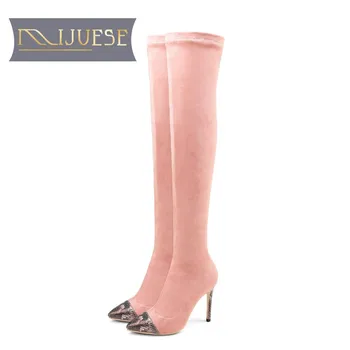

MLJUESE 2019 women over the knee boots Korean stretch fabric winter pink color pointed toe spike heel high boots female boots