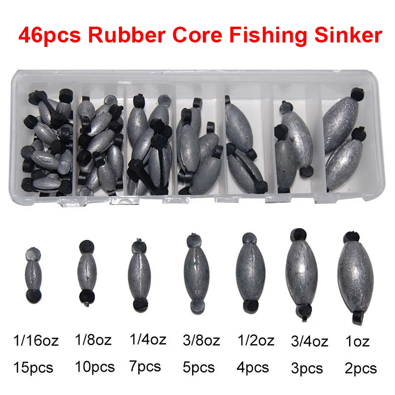 46pcs 7 Sizes Lead Fishing Sinker For Texas Rig Carp Fishing Rubber