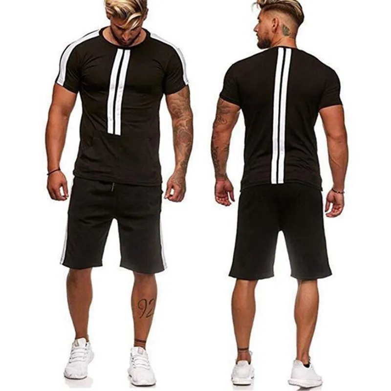 

2019 New Summer Men Set 2PC Sporting Suit Short Sleeve T shirt+Shorts Two Piece Set Sweatsuit+Pants Quick Drying Tracksuit Men