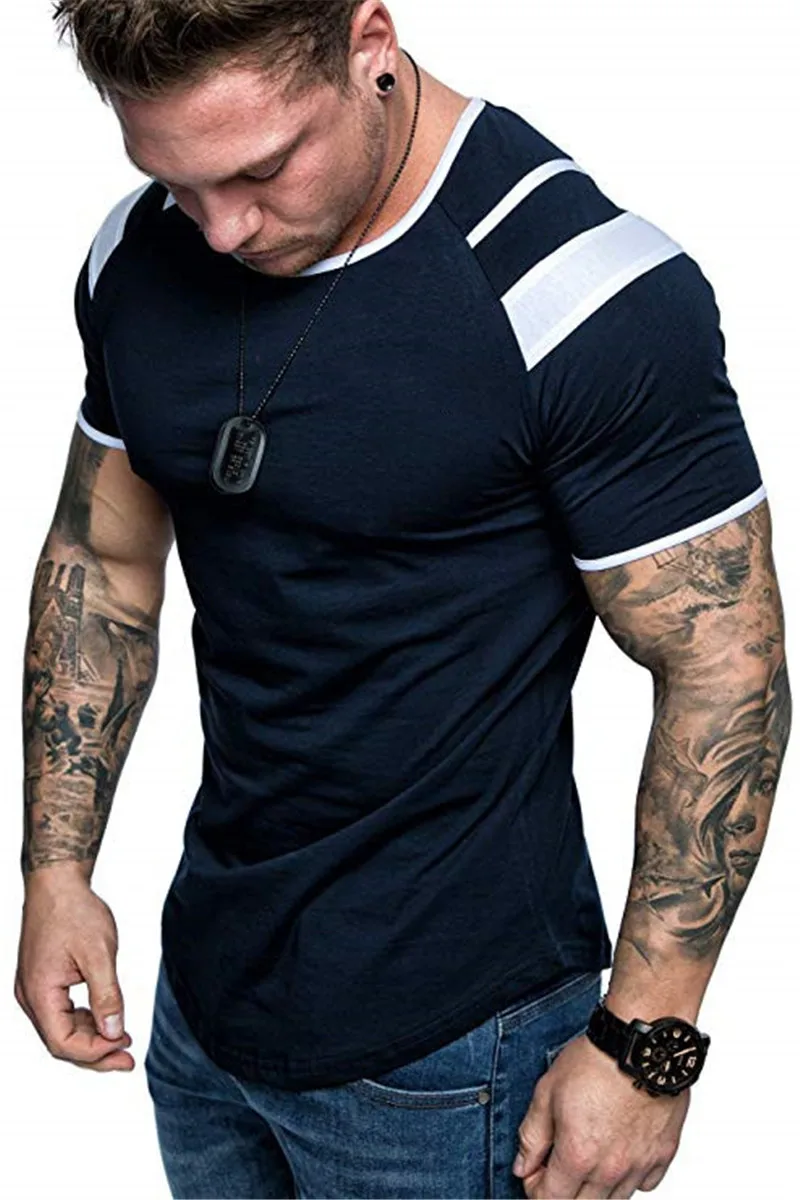 Модная мужская футболка с вышивкой, хлопковая дышащая мужская футболка с коротким рукавом для фитнеса, футболка для тренажерного зала, облегающая Повседневная летняя футболка - Цвет: dark blue 2