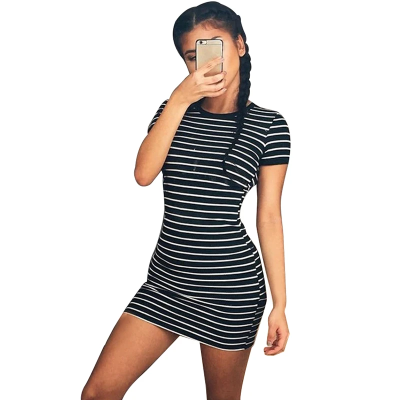 Women's Fashion Round Neck Black And White Striped Short sleeved Dress ...