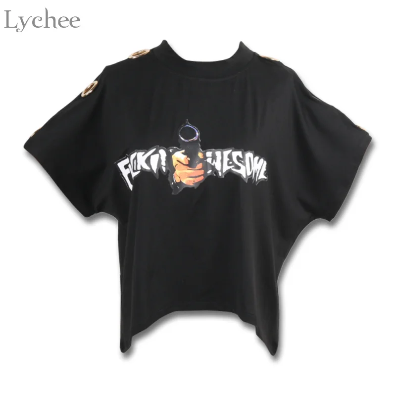 Lychee Harajuku панк Летняя женская футболка пистолет печать кольцо выдалбливают Повседневная футболка с коротким рукавом Футболка женская