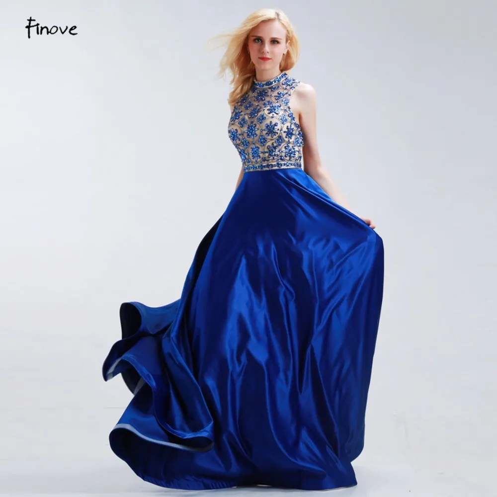 Finove Королевский Синий A-Line платья для выпускного вечера элегантный с расшитый бисером, с высоким воротником без рукавов атласные платья подружки невесты Vestido de Festa