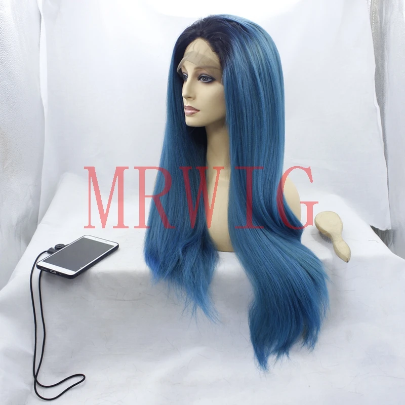 MRWIG длинный легкий yaki прямой фронтальный кружевной парик 1b # ombre смешанный синий