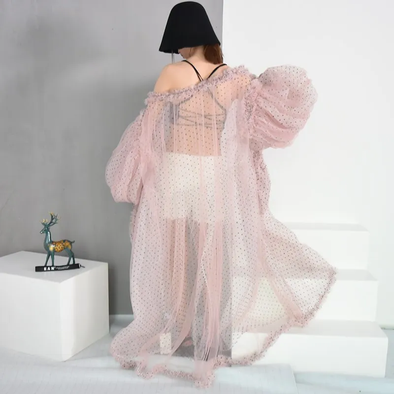 2018 New Summer Women Stylish V-Collar Dot Printed Long Shirts Full Casual Big Size Lantern Sleeve Pockets Organza Blouses Blouses