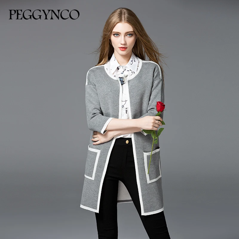 PEGGYNCO 2017 Knitted Cardigan Sweater Women Autumn Winter Pink Grey Cardigans Knitting Wool Coat MY2017190 |
