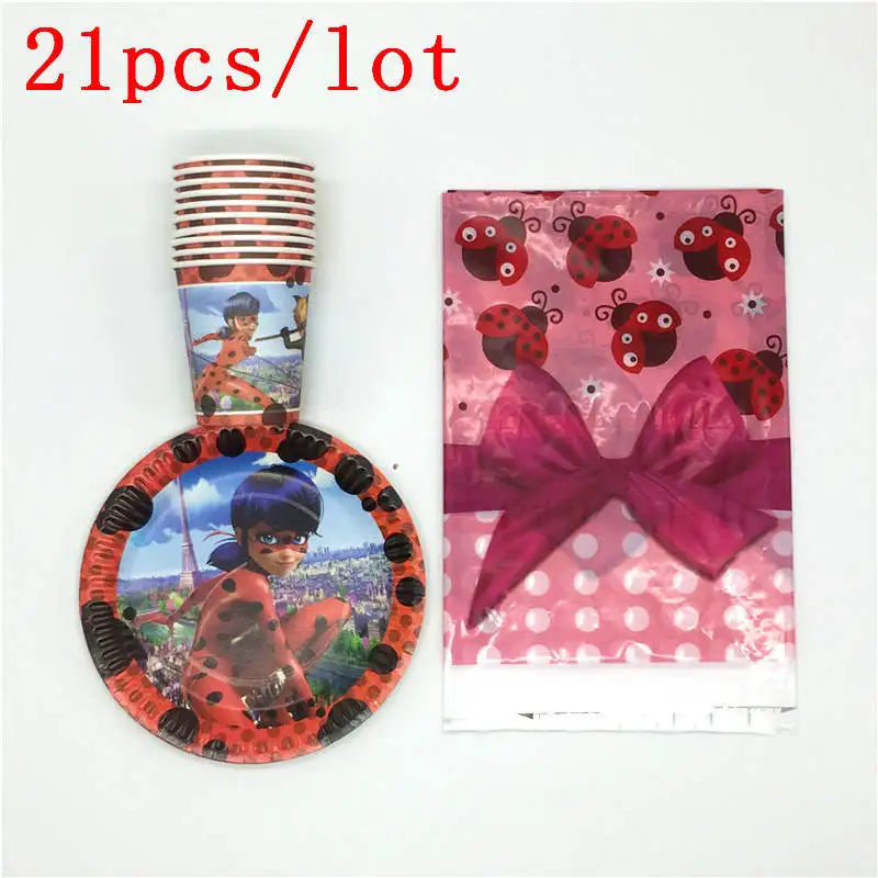 

21pcs/lot Ladybug Disposable Tableware Sets TableCloth Cups Paper Plates Birthday Party Decoration Picnic Party Supplies