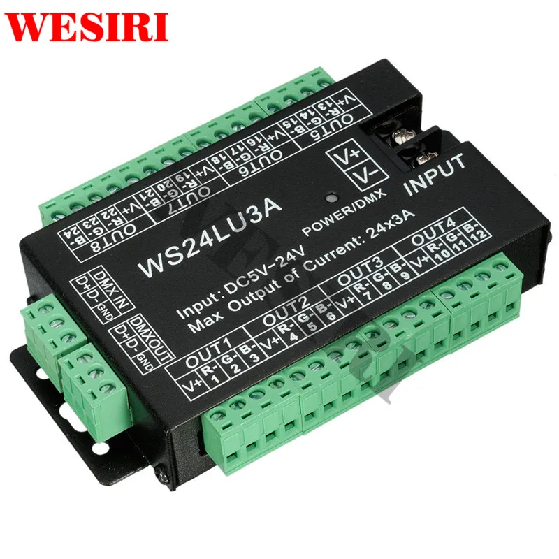 WS24LU3A 24CH DMX контроллер 24 канала DMX 512 декодер RGB контроллер декодер для RGB Светодиодные полосы модуль освещение 24x3A WS24LU3A