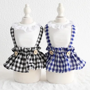 

Fashion Plaid Pet Dog Clothes Summer Cotton Lace Collar Small Dog Dress Casual Button Decor Puppy Pets Cats Dresses Yorkshire