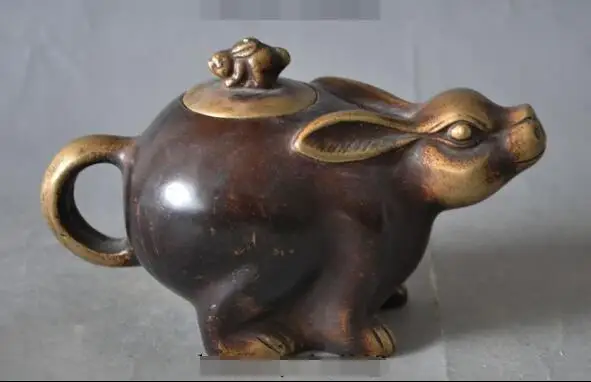 

S1351 marked chinese bronze copper zodiac animal Rabbit statue Rice wine Pot Teapot