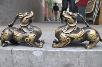 

Royal Pure Bronze exquisite Feng Shui Evil Door Foo Dog Lion kylin Chi-Lin Pair
