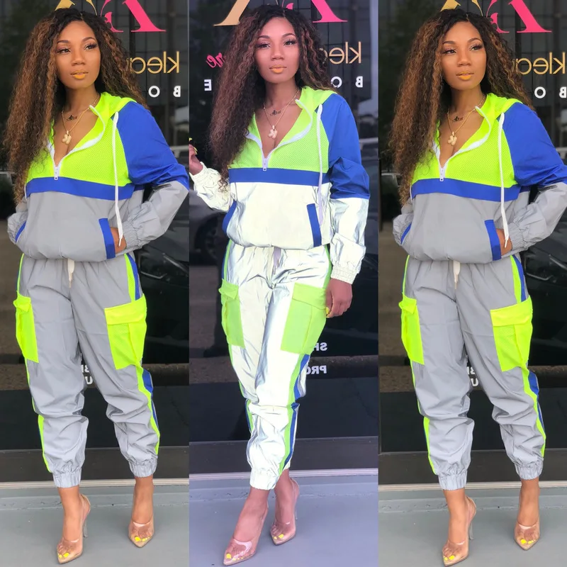 

Color Block Night Version Reflective Tracksuit Womans Outfits Streetwear Two Piece Set Zipper Hooded Top and Pants Sweat Suits