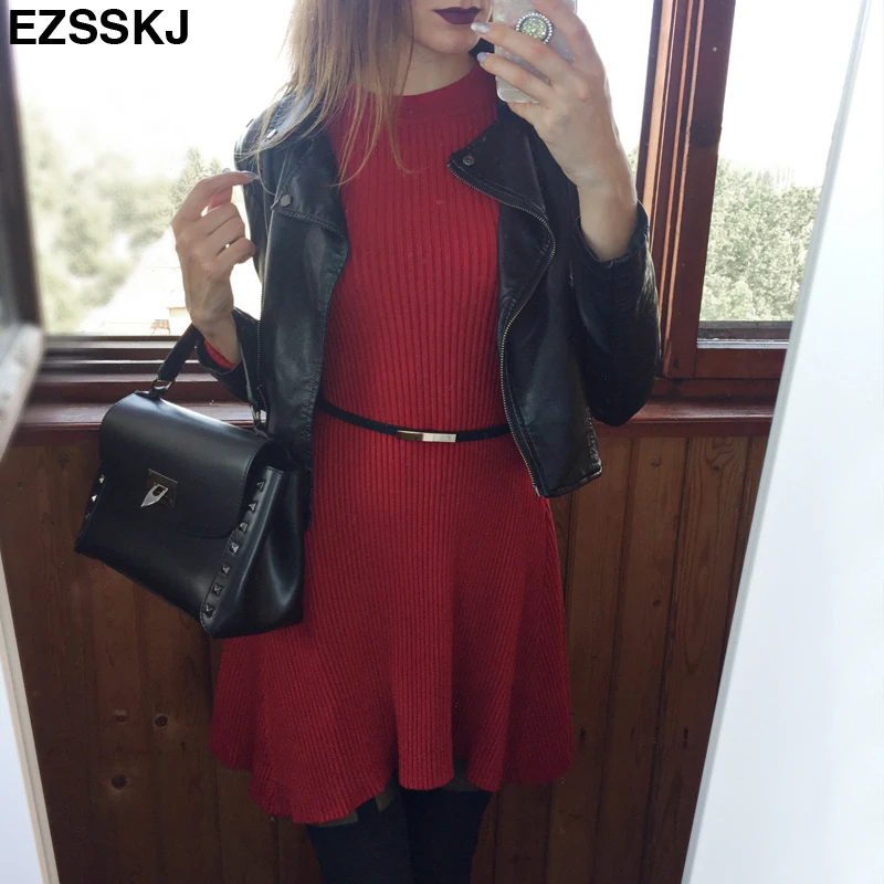 red  O Neck Long Sleeve Knit Mini Sweater Dress  