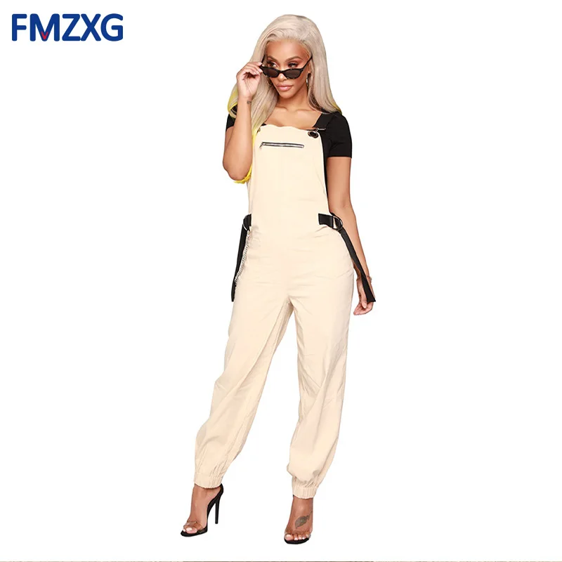 

Khaki Black O-Ring Zip Front Overalls Jumpsuit 2018 Spring Straps Sleeveless OL Work Long Pants Women Elegant Pockets Jumpsuit
