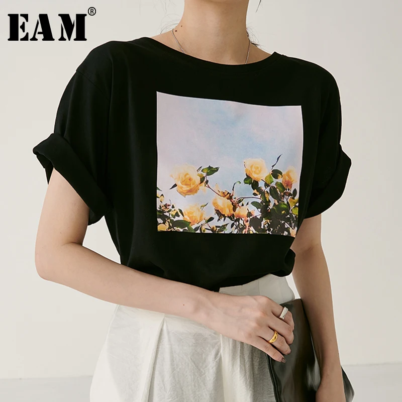 

[EAM] 2019 New Spring Summer Round Neck Short Sleeve black loose patter printed personality T-shirt Women Fashion Tide JW877