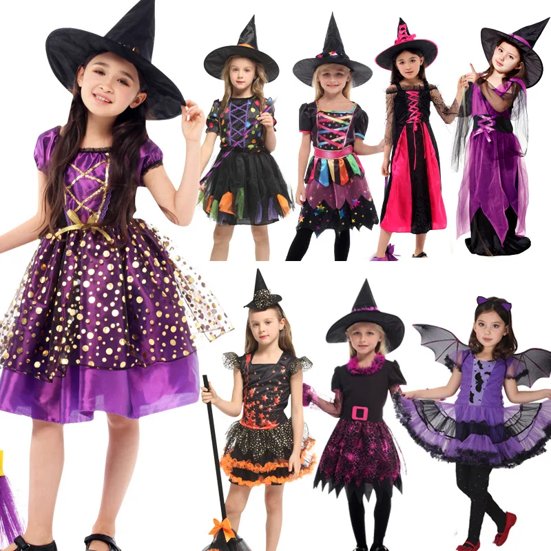 2018 New Witch Suit Cosplay Halloween Party Children Costume For Girls Halloween Clothing Set Witch Dress Hat cloak Accessories