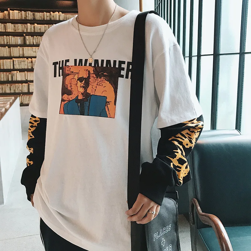  Men T Shirt Long Sleeve Patchwork Funny T Shirts T-shirt Men Hip Hop Harajuku Off White Palace Alie