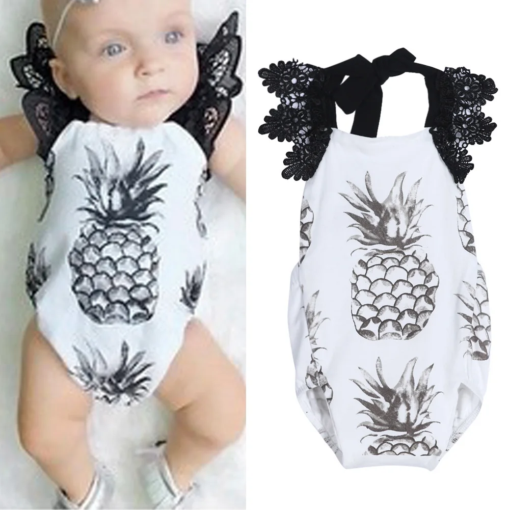 

Newborn Infant Babies Girls Bodysuits Summer Baby Girl Pineapple Print Halter Lace Bodysuit Playsuit Sunsuit Outfit Clothes