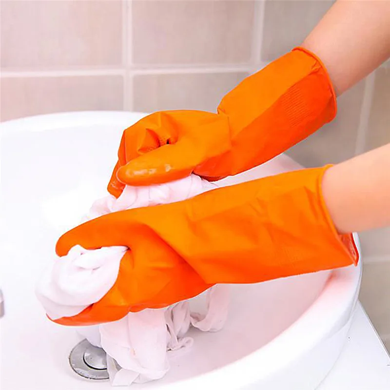 

Kitchen Wash Dishes Housekeeping Gloves Orange Water-proof Dishwash Gloves Rubber Bands Rubber Gloves Long Sleeve 4 kind sizes