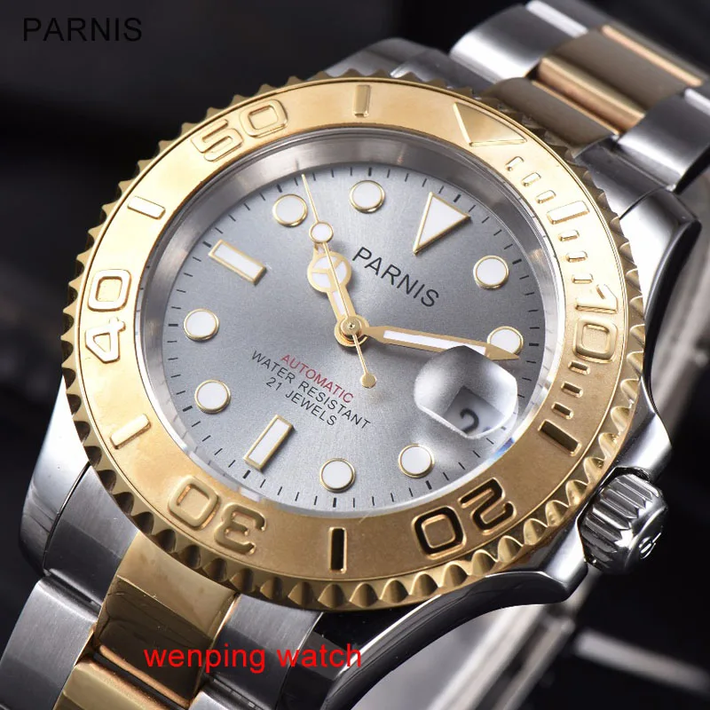 

Parnis 40mm Rotating Golden Ceramic bezel Gold strip Sapphire Automatic Watch WW2473