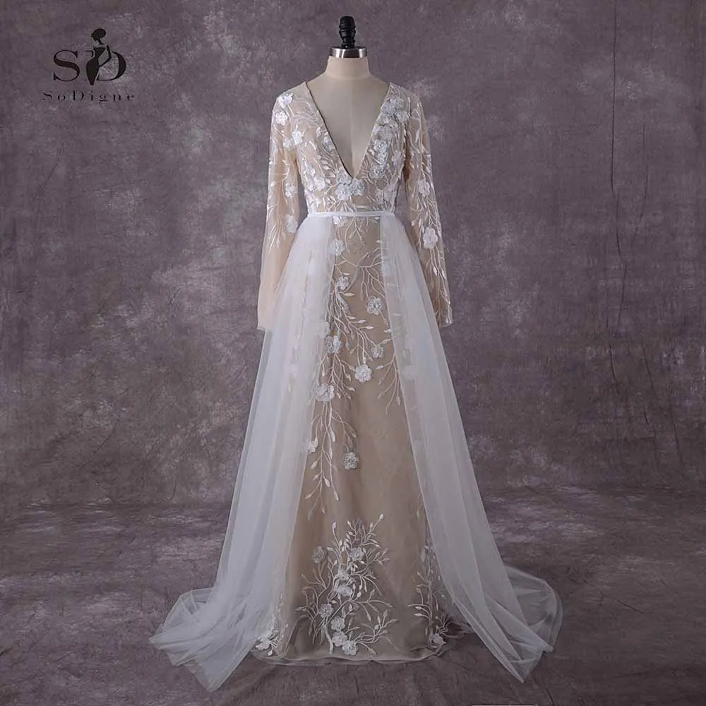 Кружевное свадебное платье с длинными рукавами цвета шампанского, винтажное романтическое свадебное платье со съемным шлейфом - Цвет: Шампанское