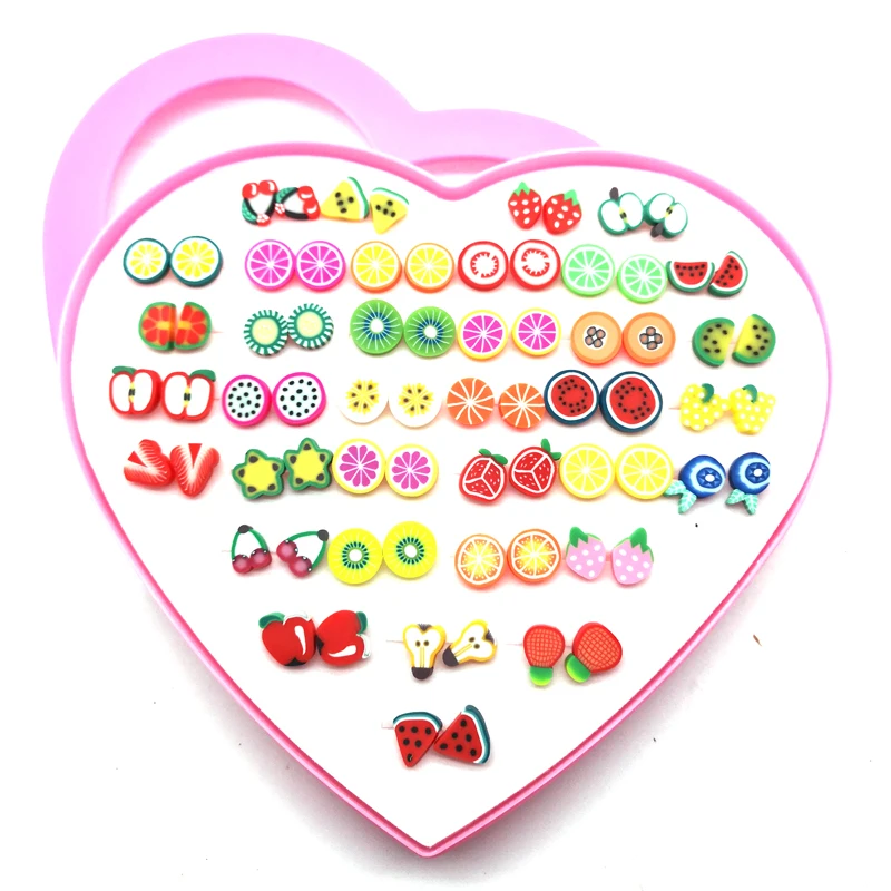 

36 Pairs/Set Fashion Assorted Polymer Clay Stud Earrings Set Handmade Fruits Cartoon Earrings For Women Girls Children