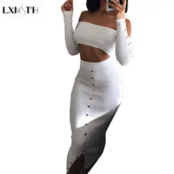 LXMSTH 2 шт. Crop Top and Skirt Set 2018 летние шорты Sexy Slash шеи топы и одноцветное до середины икры Button Skinny юбка Клубная одежда комплект