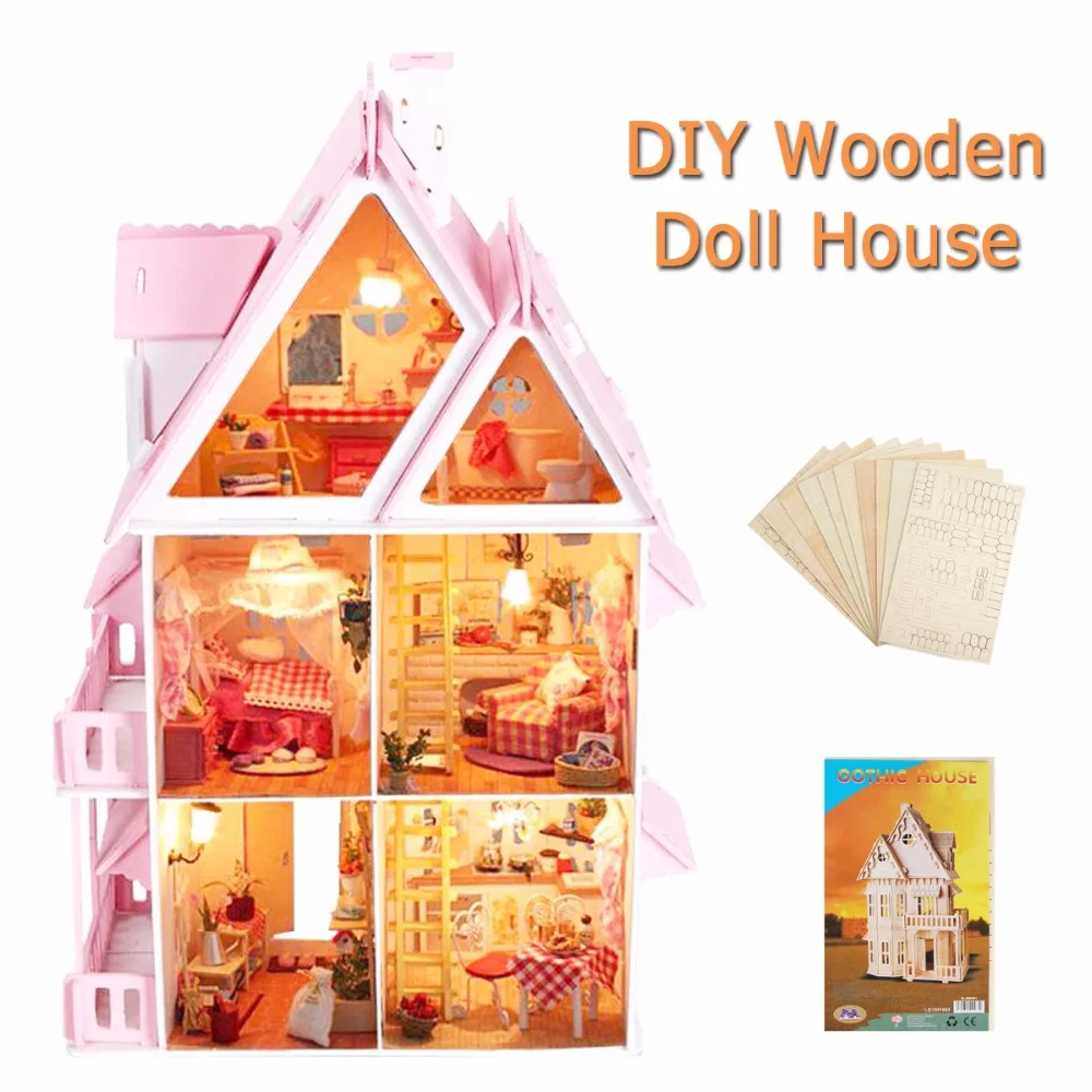

DIY Wooden Kids Doll House Kit Girls Play Dollhouse Mansion Furniture