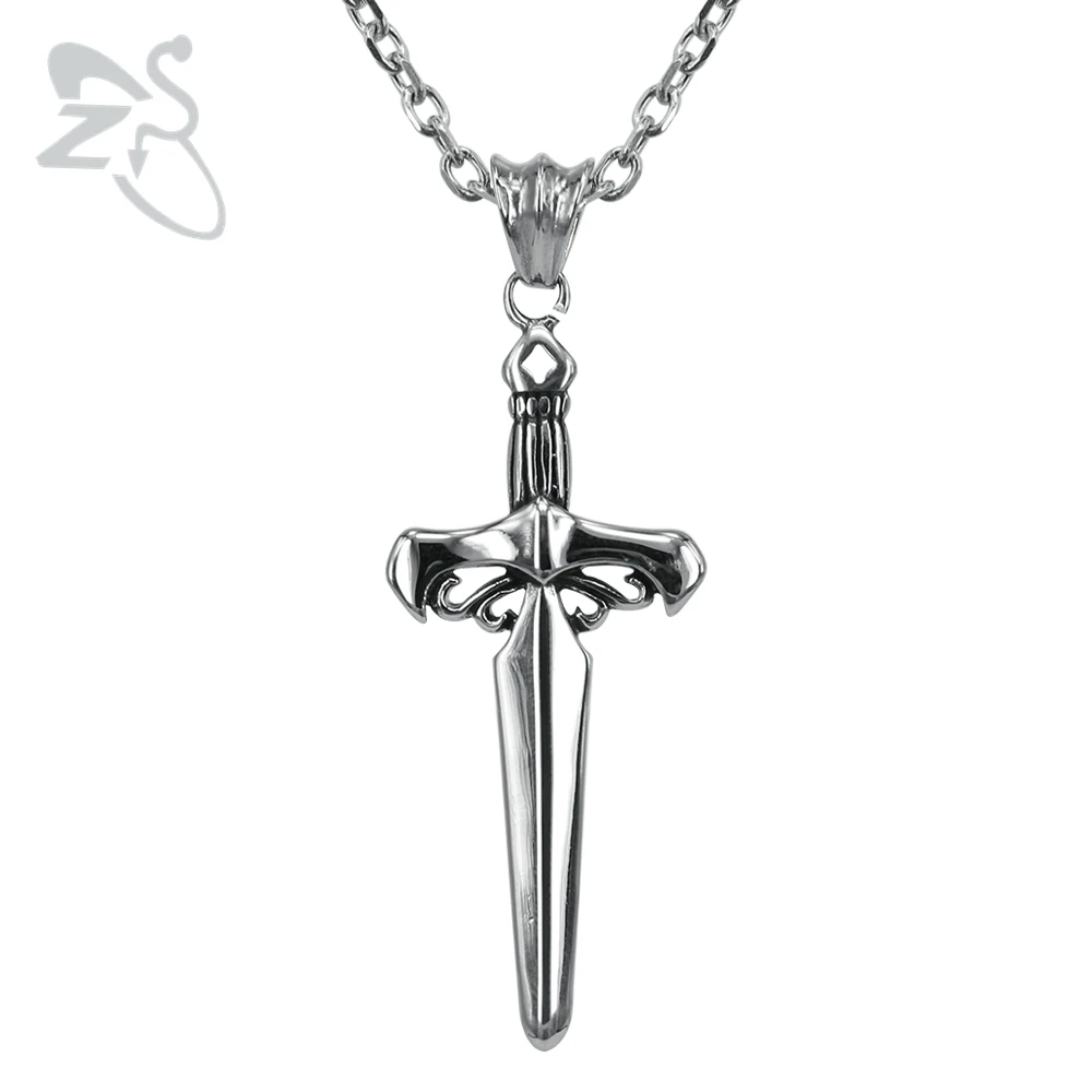 ZS 1 PC Cross Sword Necklace Punk Style Long Pendant Vintage Chains Stainless Steel Choker Weapon Totem Amulet Brave Men Jewelry | Украшения