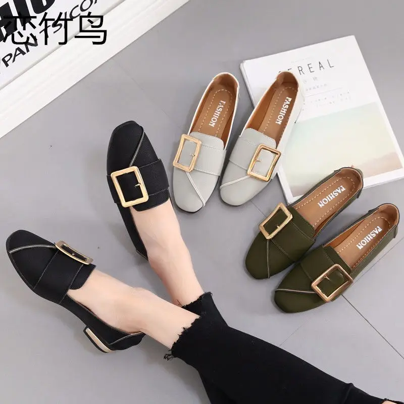 

Love bamboo bird single shoes female autumn square head shallow mouth Korean flat shoes