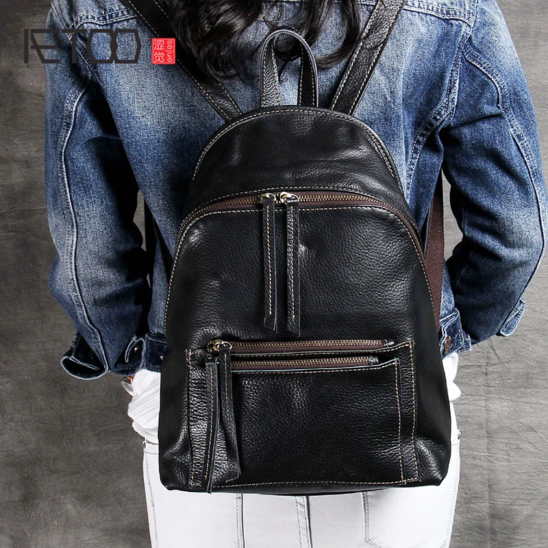 

BJYL Simple college wind cowhide shoulder bag leather female backpack