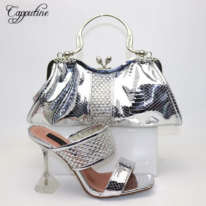 

Pretty silver high heel sandal shoes and handbag sets for fashion lady S922-1, heel height 12cm