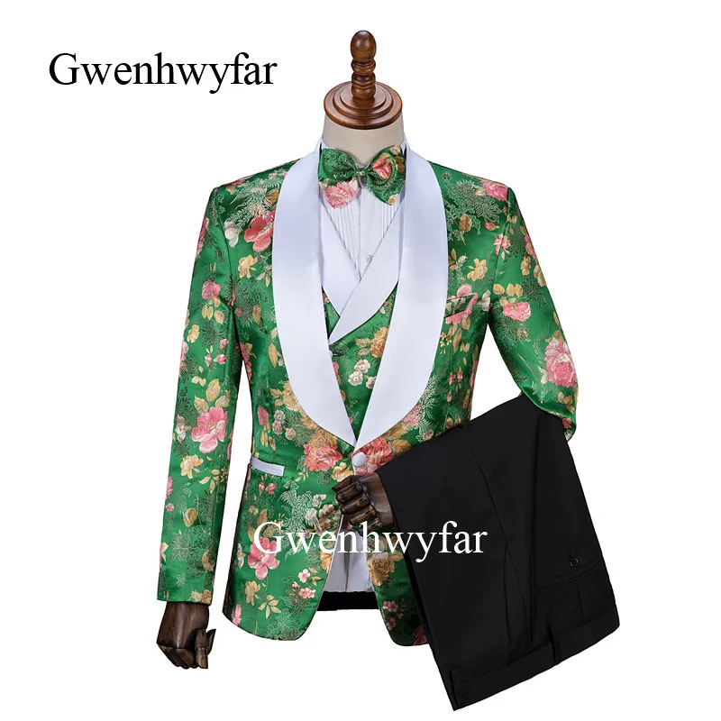 Gwenhwyfar Jacquard Flower Black Costume Slim Fit Double Breasted Vest Formal Male Suit Mens Groom Tuxedos Suit For Wedding - Цвет: same as picture