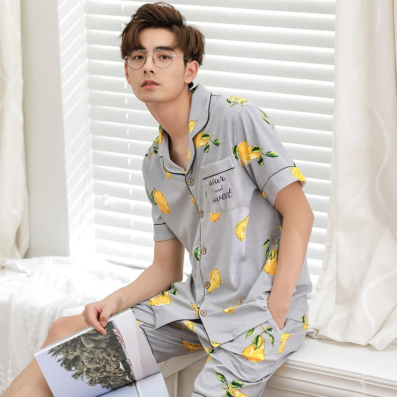 2018 Mens Summer Pajamas Short Button Down Cotton PJ Set Korean Style