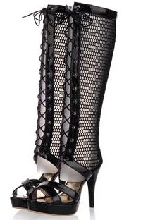 Женские летние сапоги на высоком каблуке г. Сапоги до колена на высоком каблуке-гладиаторском каблуке с открытым носком сапоги с открытым носком ботинки с вырезами - Цвет: Черный