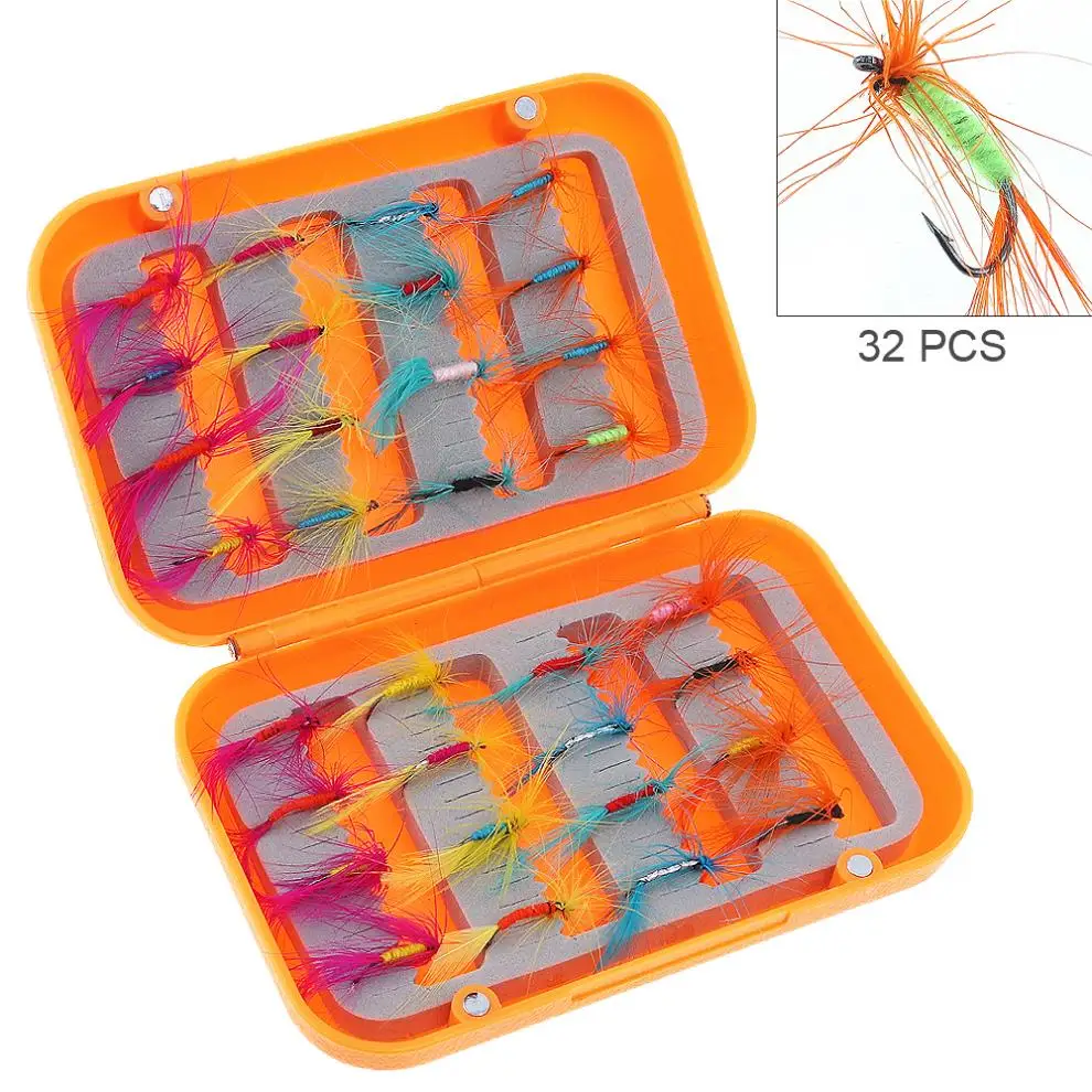 

32pcs/set Fly Fishing Lure Set Colorful Feather Simulation Fly Flies Bait Hooks with Fishing Tackle Box