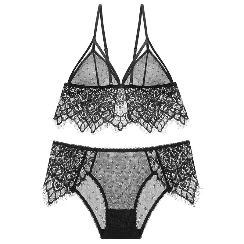 Women Lace Sexy Bra Set Fashion French Cup Underwire Back Closure Underwear Bras Sheery Ultra-thin Strap Bralette (2)