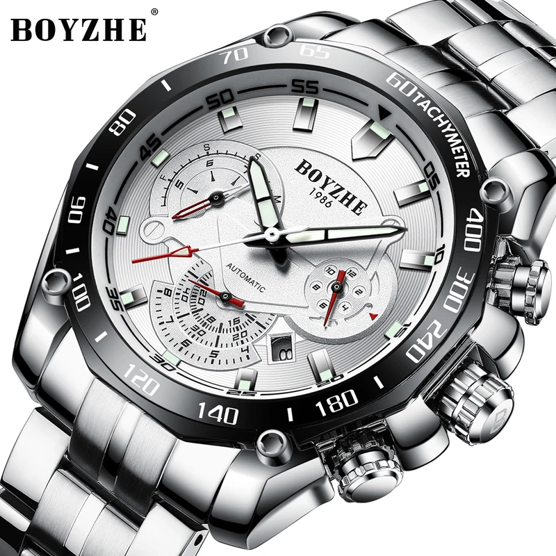 BOYZHE الرجال الرياضة التلقائي الساعات الميكانيكية الأسود الأزياء عارضة العلامة التجارية الفولاذ المقاوم للصدأ الذهب ووتش Relogio Masculino BOYZHE الرجال الرياضة التلقائي الساعات الميكانيكية الأسود الأزياء عارضة العلامة التجارية الفولاذ المقاوم للصدأ الذهب ووتش Relogio Masculino