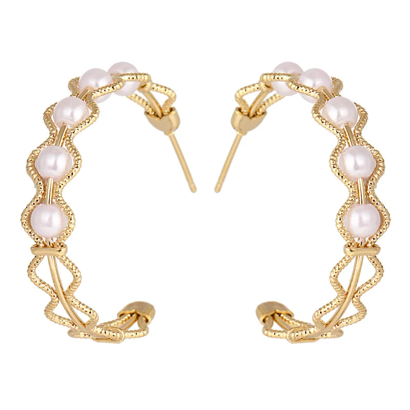 

Handmade Craft Gold Color Plated Wired Flower Lace Half Circle Ear Loops Earrings Imitation Pearl Beaded Hoop Earrings for Women