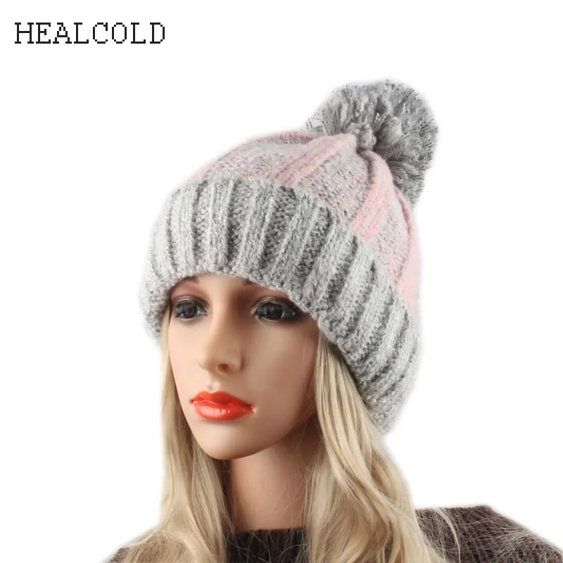 

2018 Woman Beanies Striped Knitted Warm Hat Winter Cap For Women Girls Pompon Hat Outdoor Casual Female Caps Skullies