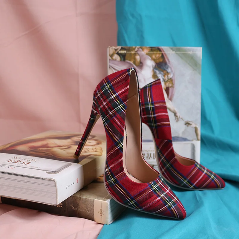 WETKISS Big Size 33-45 Stiletto Heels Women Pumps Red Pointed Plaid Shoes Women Shallow High Thin Heels 2019 Party Wedding Shoes