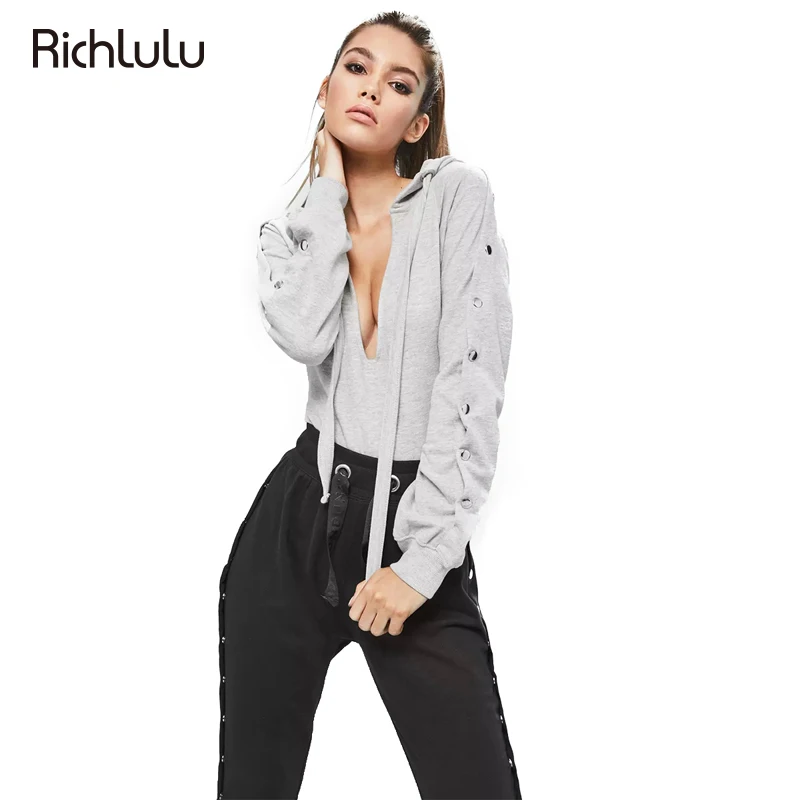 Buy RichLuLu Women Solid Grey Hooded Bodysuits Long