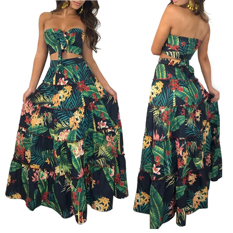 Boho Sexy Women Set Crop Top Green Long Maxi Skirt Summer Floral ...